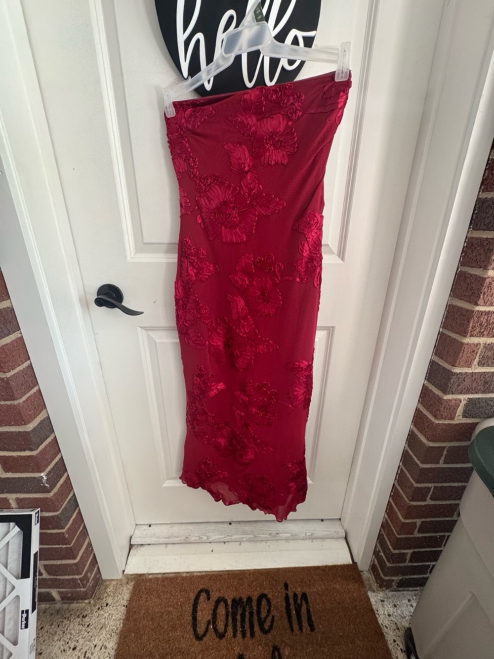 Strapless Red Floral Embroidered Midi Dress